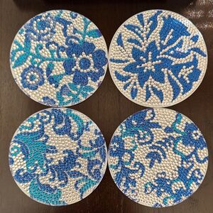 Handcrafted Blue Floral Diamond Art Acrylic Coasters - Set of 4